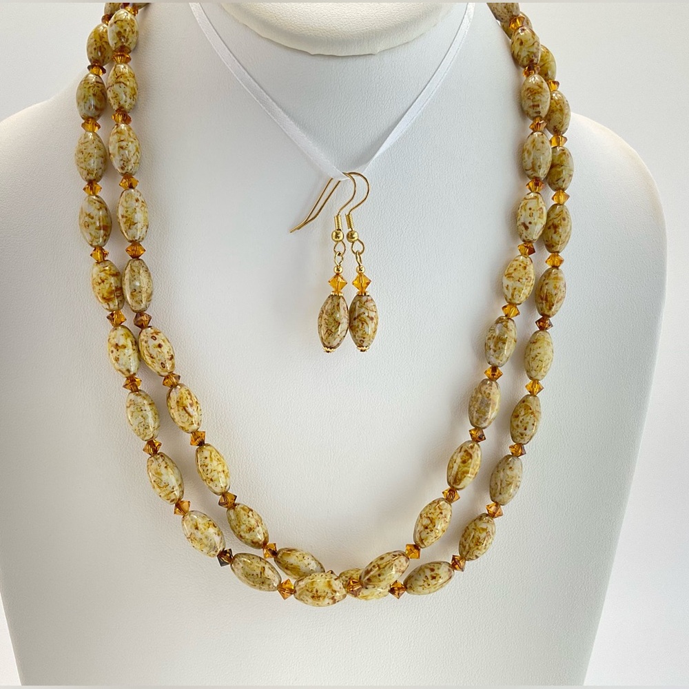 Vintage Glass & Crystal Bead Necklace and Earrings in Lion's Mane Colors - Picture 6 of 14